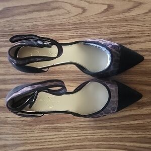 Pre-owned Jessica Simpson Camania Mesh Cheetah Black Faux Suede Pointed Toe Heel